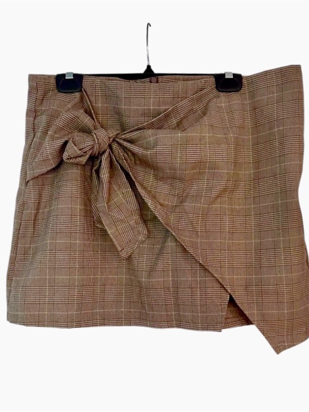Halara Plaid Mini Skirt Size XL Tie Waist Tan Shorts Inside